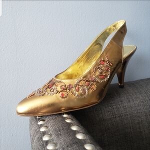 RENE CAOVILLA 80'S GOLD LEATHER BEADED SHOES SIZE 37.5 IT